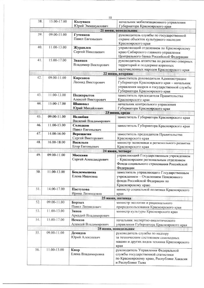 График личного приема граждан в общественной приемной Губернатора Красноярского края на II квартал 2021 года
